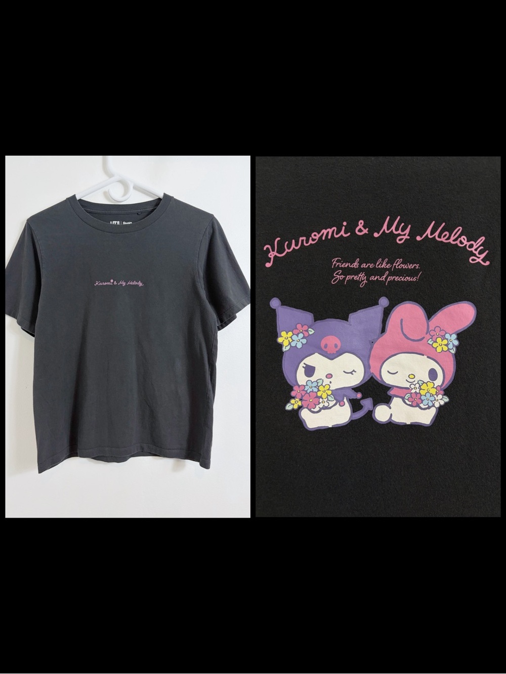 Uniqlo Sanrio Embroidered Kuromi & My Melody Kawaii Flower Graphic T Shirt